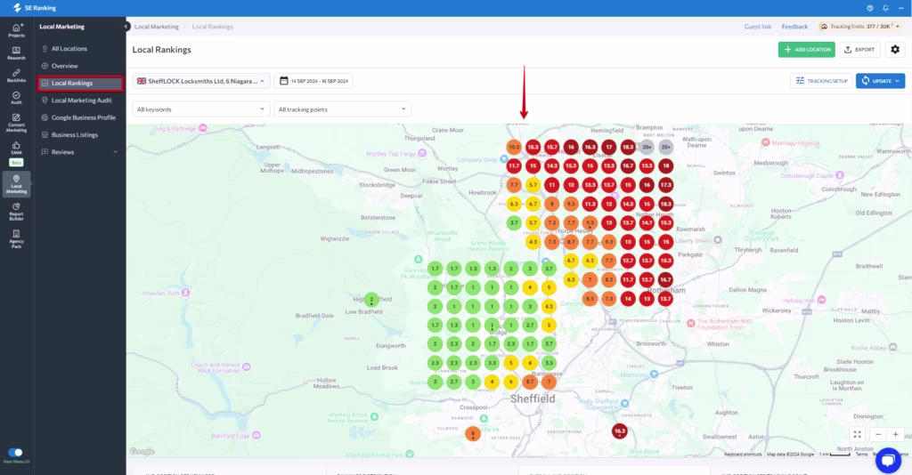 Local SEO grid map from SE Ranking showing keyword ranking positions for SheffLOCK Locksmiths in Sheffield area
