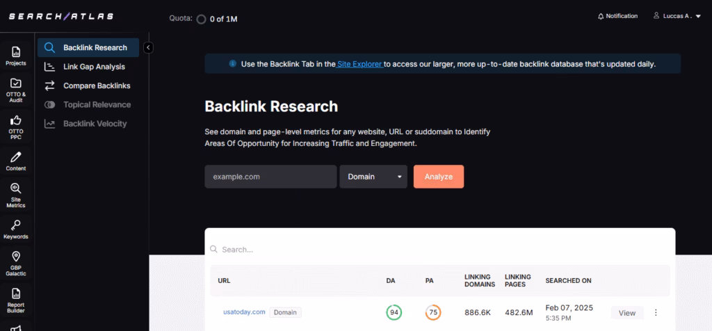 Search Atlas backlink research tool updated