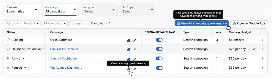 Campaign list showing budget, status, and Google Ads performance options