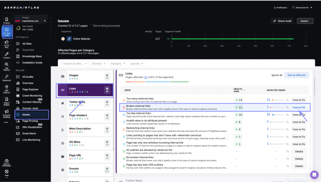 issues with links search atlas site audit tool