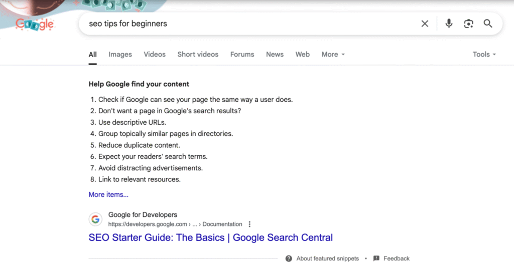 featured snippet on google