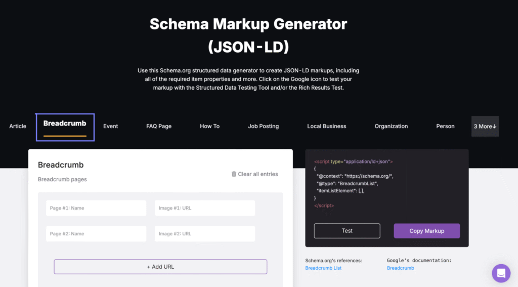 breadcrumbs schema markup generator search atlas