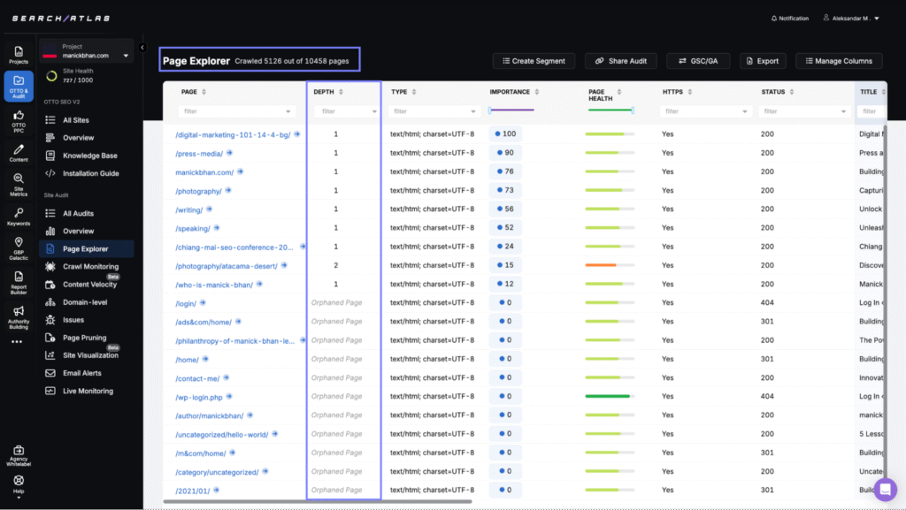 Page Explorer section in the Search Atlas Site Audit Tool