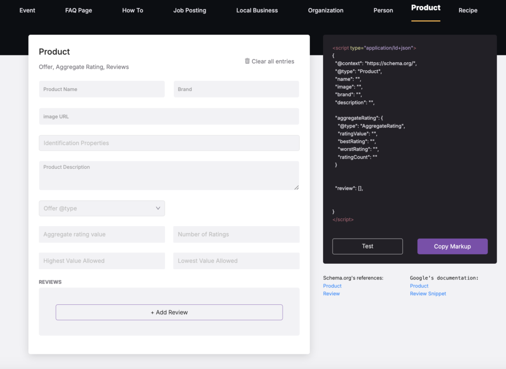 product schema in search atlas schema markup generator tool