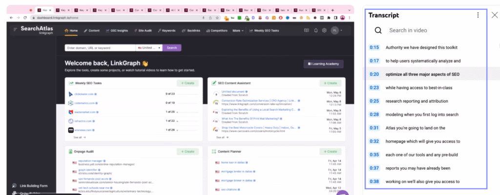 search atlas youtube video transcript