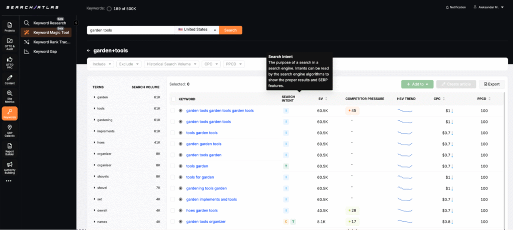 search intent in search atlas keyword magic tool
