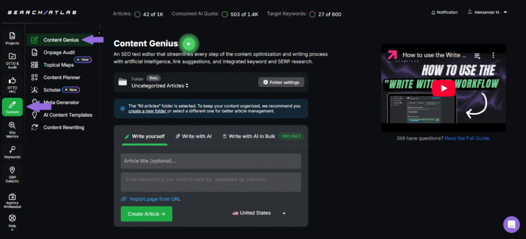 navigating to SA content genius tool