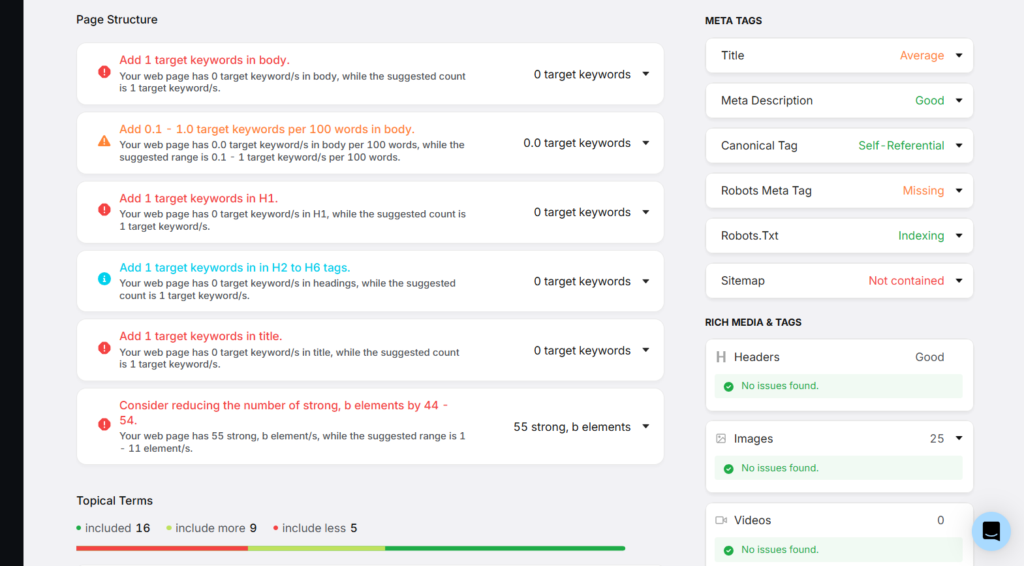 checking page structure using SA onpage audit tool