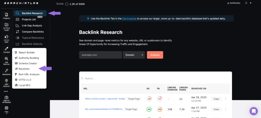using the SA backlink research tool for SEO analysis