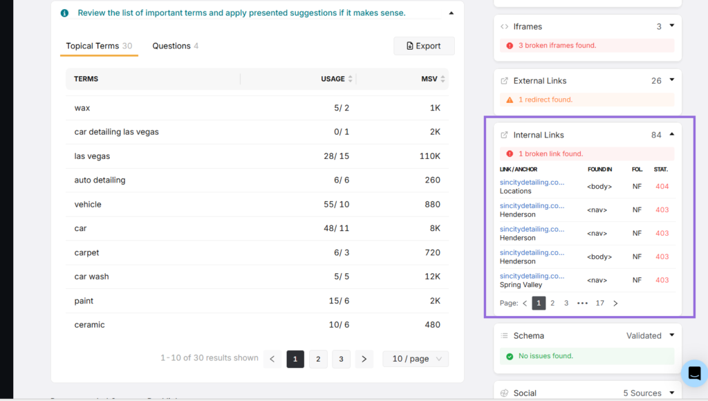 checking internal linking through SA onpage audit tool