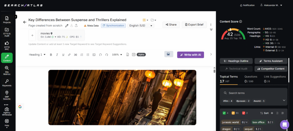 creating and optimizing content through SA content genius tool