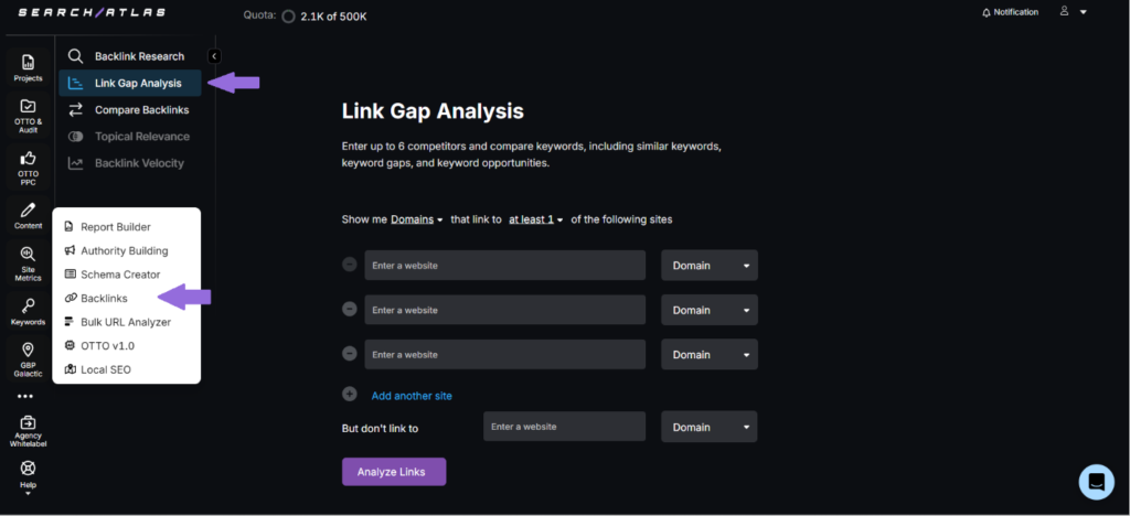 Analysing SEO using SA link gap tool