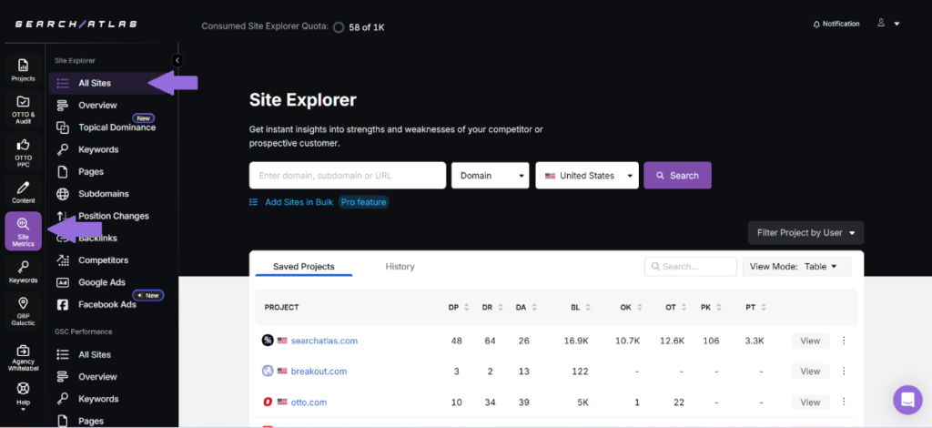 using the SA site explorer for SEO reporting