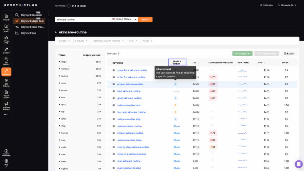 search intent in search atlas keyword magic tool