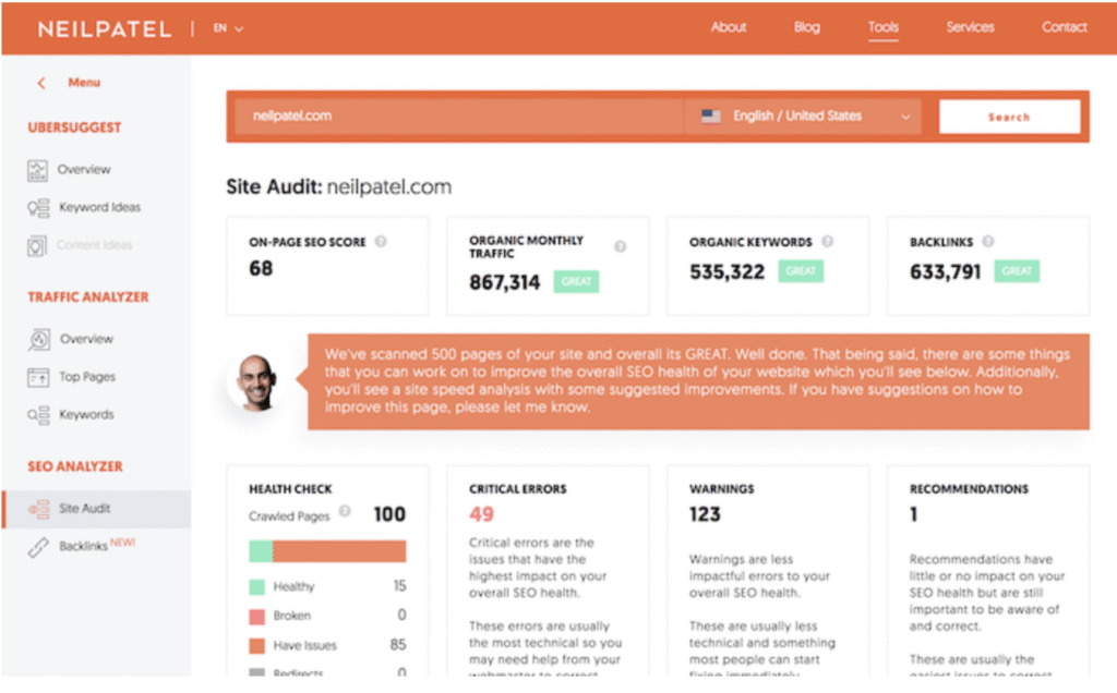 ubersuggest site audit