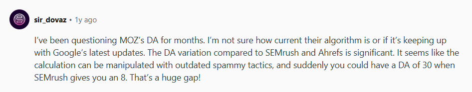 Reddit users on issues with Moz's DA metric