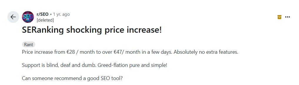 Increases in pricing in SE Ranking
