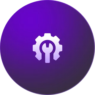 Wrench inside gear icon on purple circular background