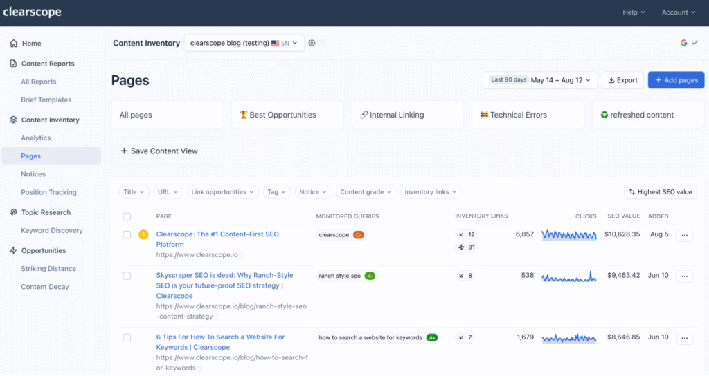 content inventory feature in clearscope
