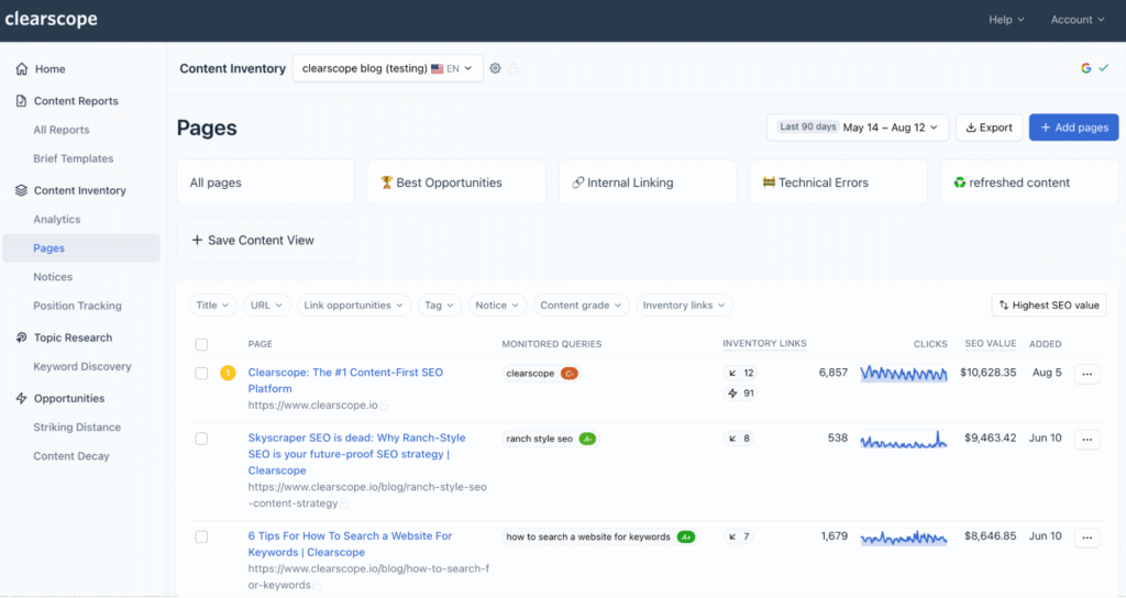content inventory feature in clearscope