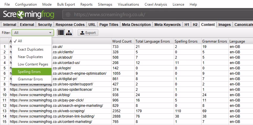 Screaming Frog Spelling and Grammar Checker