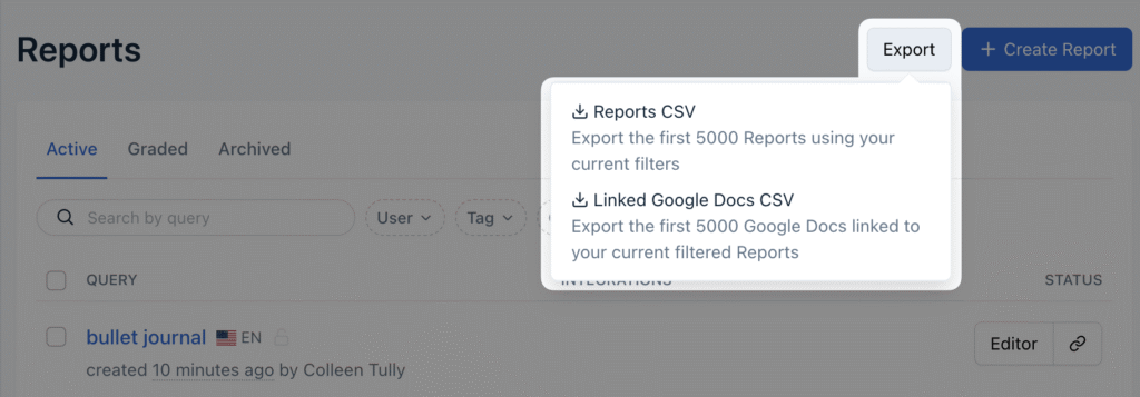 clearscope content report export