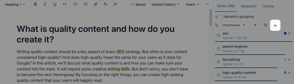 clearscope, export button in the terms tab