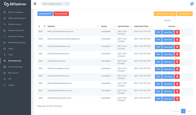 seoptimer bulk reporting export data