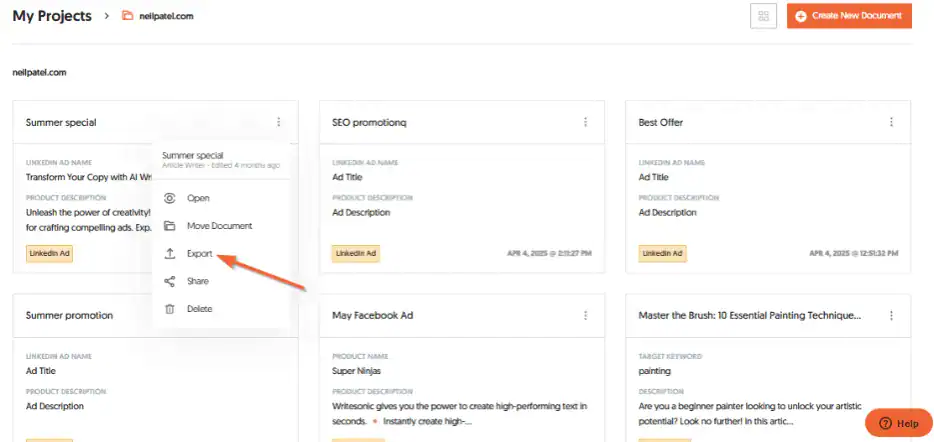 To export content from Ubersuggest directly, go to My Projects > Project Name. Choose the documents you want to, click on the three dots, and then Export. 