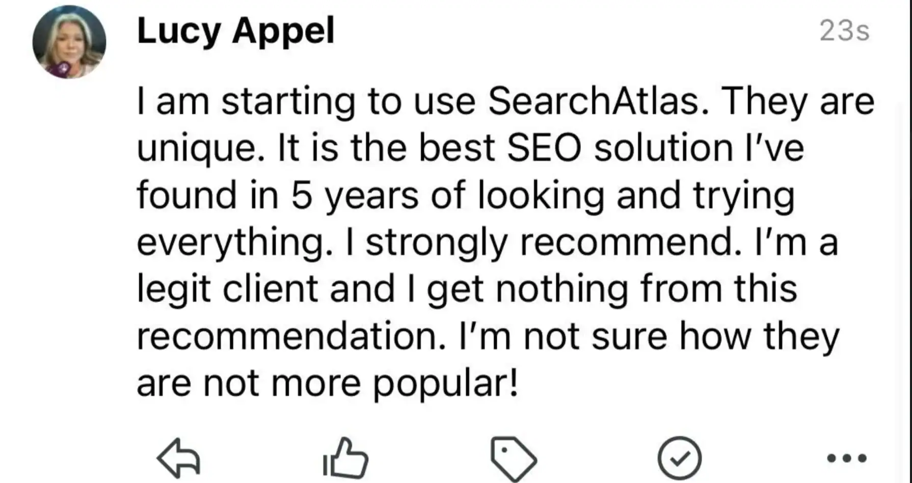 Lucy Appel testimonial: I am starting to use Search Atlas. They are unique. It is the best SEO solution I've found in 5 years of looking and trying everything.