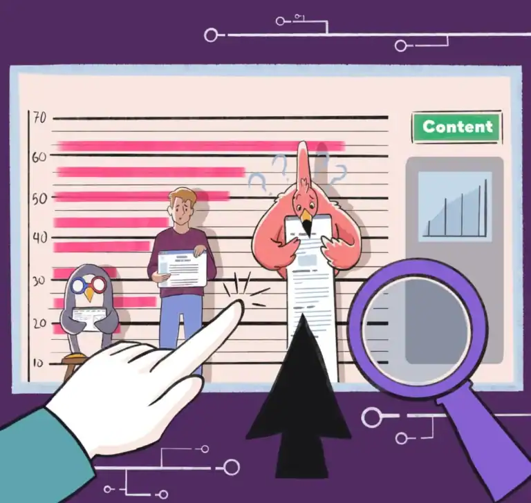 An illustration of a person pointing a magnifying glass at a piece of paper, examining the content.