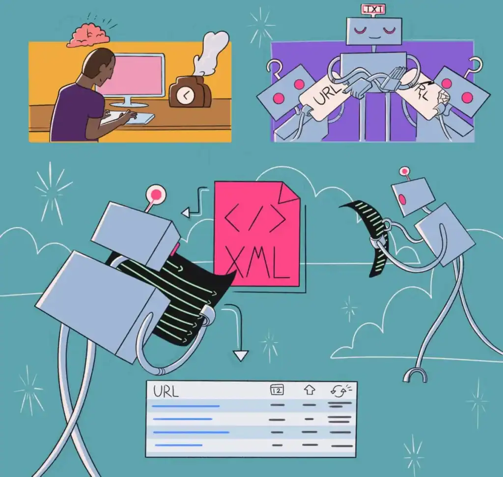 Illustration depicting the concept of web development, with a person coding at a desk, and various robotic arms representing different aspects of web technology like html, urls, and data transfer.