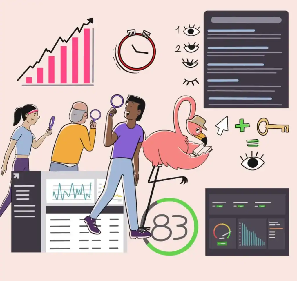 SEO professionals looking through looking through magnifying glasses in search of strategies to increase their search visibility