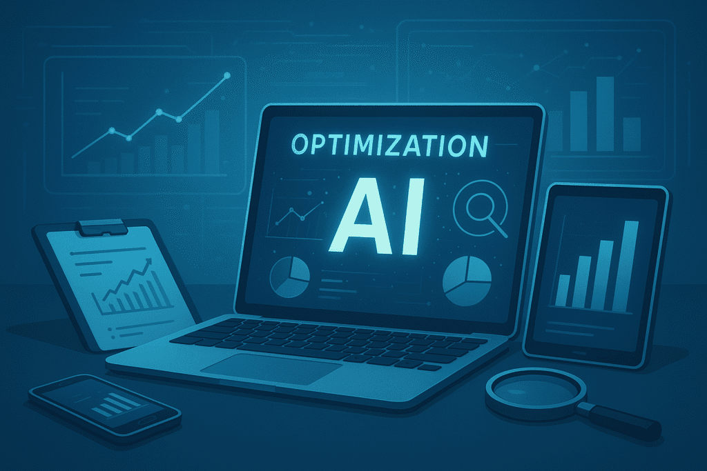 Various AI optimization tools on a desk, highlighting technology and data analysis