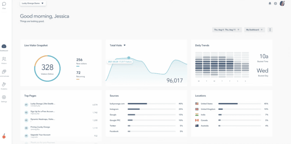Advanced SEO software dashboard showing visitor analytics and traffic insights.