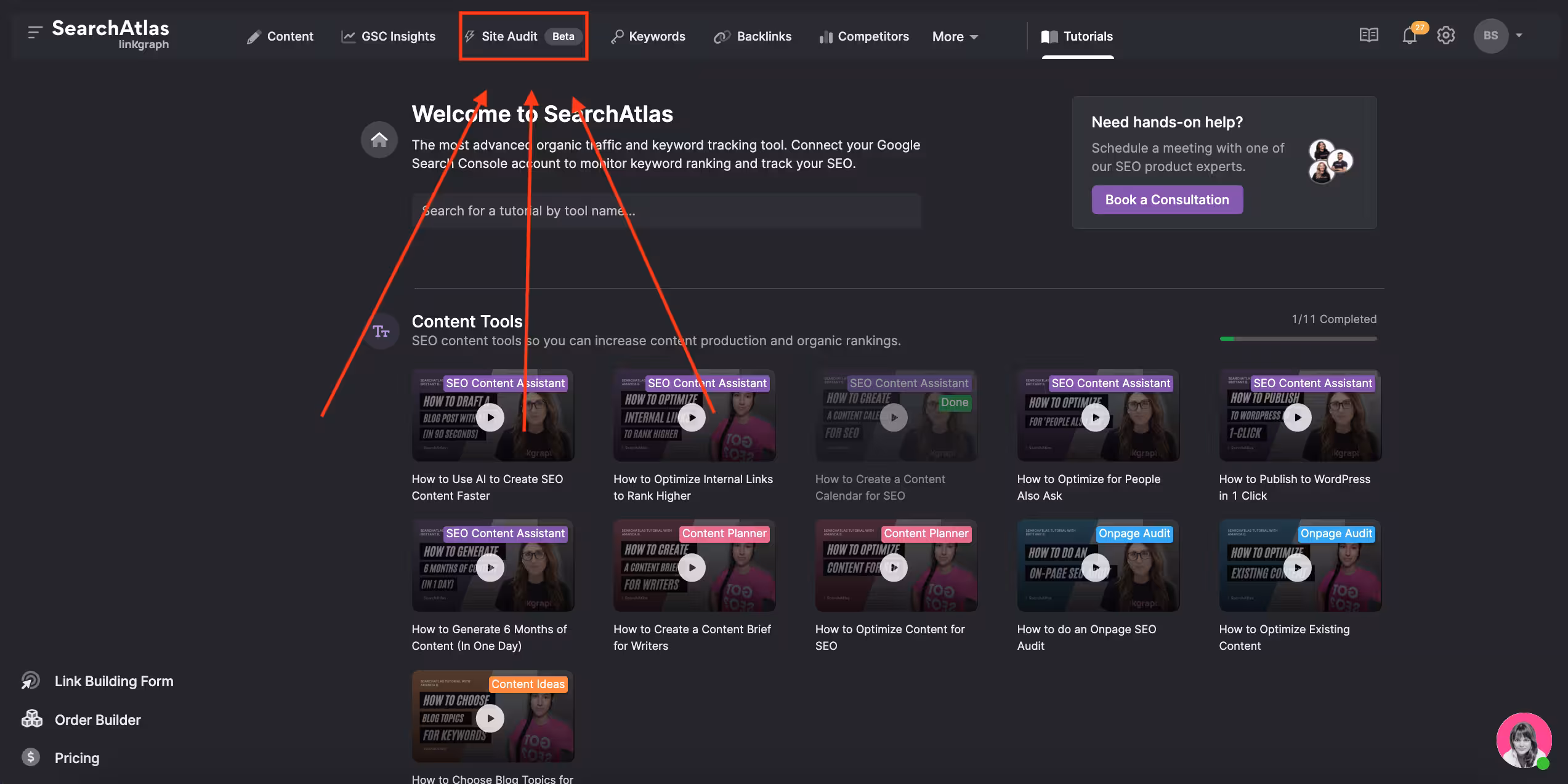 Screenshot of Search Atlas tutorial page with red arrows pointing to the site auditor tool