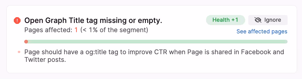 screenshot of a missing open graph message in the Search Atlas site auditor